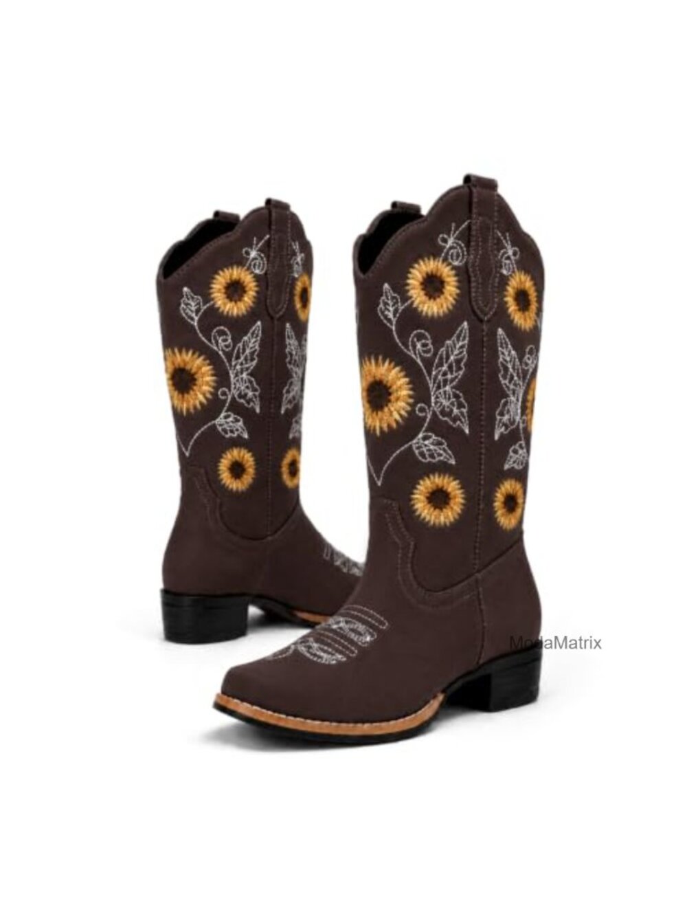 Sunflower Embroidered Cowboy Boots Square Toe Mid Calf Low Heel Pull On